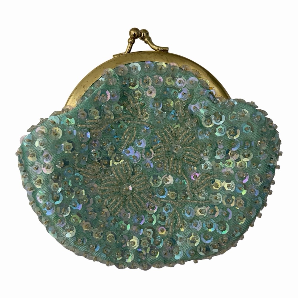 Coin purse bag Gold Kiss lock opening Satin Mint Green Sequins Vintage Fancy